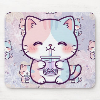 Tapis De Souris Cute Boba Tea Kitten Mousepad - Aesthetic Pastel F