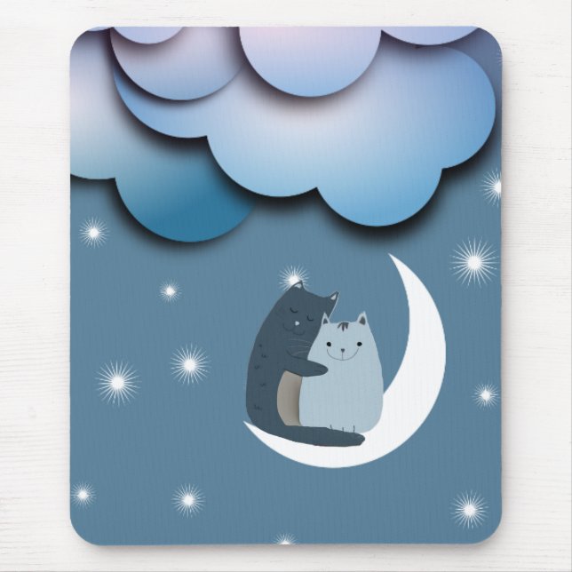Tapis De Souris Cute Cats Cuddling on the Moon Art (Devant)