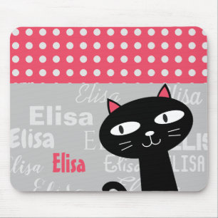 Tapis De Souris Cute Chat Noir Pois Rose Ajouter Votre Nom