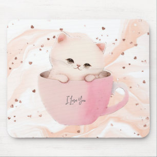 Tapis De Souris Cute chat rose blanc dans une tasse de thé