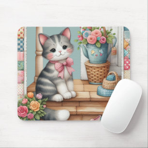 Tapis De Souris Cute Chat sur Porche avec Fleurs et Patchwork
