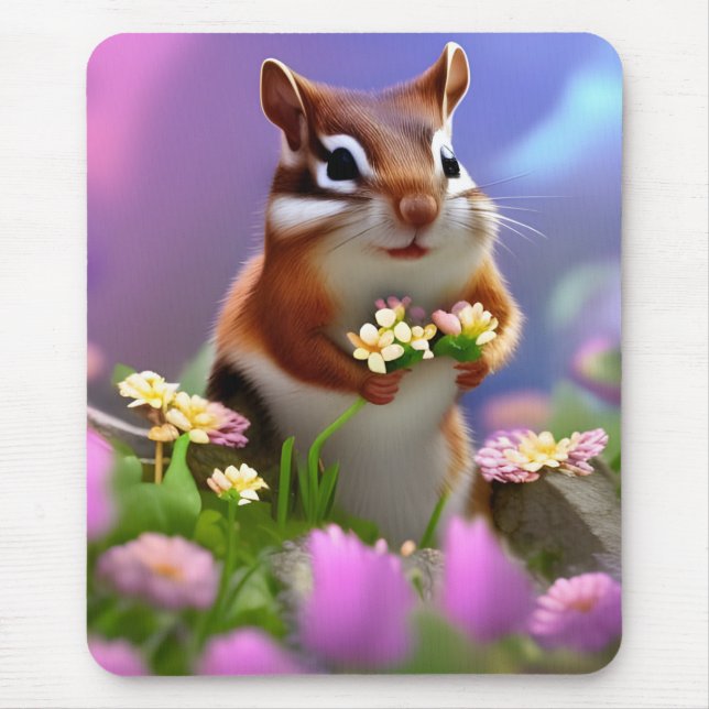 Tapis De Souris Cute Chipmunk avec Fleurs (Devant)