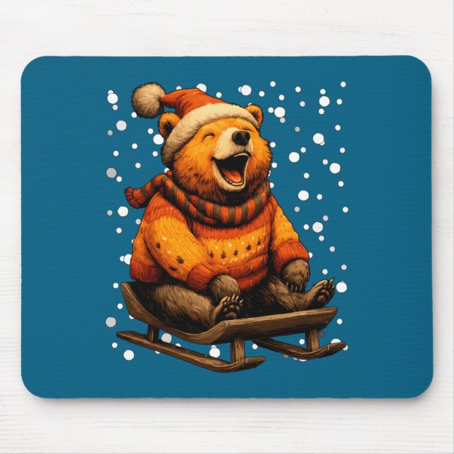 Tapis De Souris Cute Christmas Bear Sledding In Snow Funny Winter  (Devant)