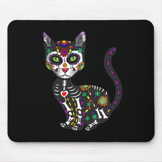 Tapis De Souris Cute Crâne Sucre Mexicaine Chat Halloween Jour De (Devant)