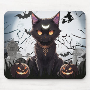 Tapis De Souris Cute Éffrayante Chat Noir avec lune.