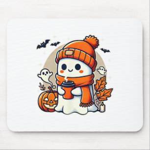 Tapis De Souris Cute Ghost Boire Café Femmes Halloween Kawaii