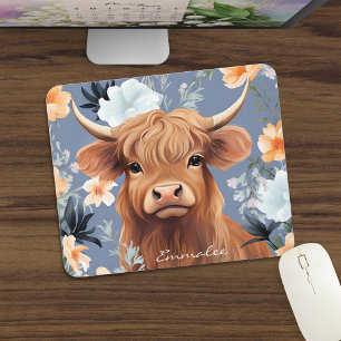 Tapis De Souris Cute Highland Cow en Floral Arrière - plan avec / 