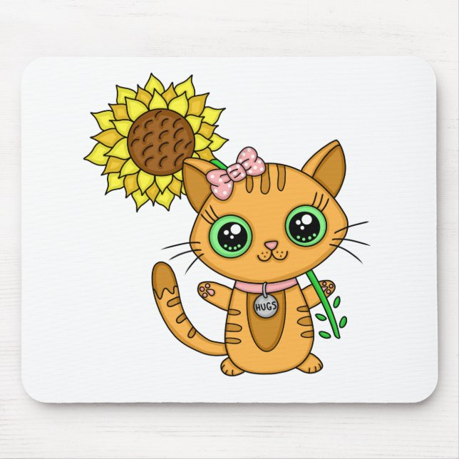 Tapis De Souris Cute Kawaii Chat Holding Fleur (Devant)