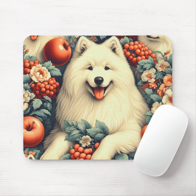 Tapis De Souris Cute Samoyed Floral Peinture (Avec souris)
