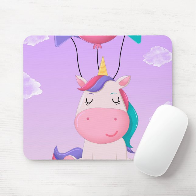 Tapis De Souris Cute Sitting Unicorn and Balloons Lilac (Avec souris)