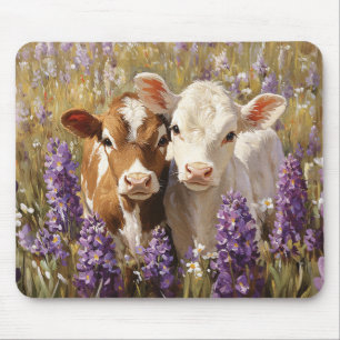 Tapis De Souris Cute Vaches Laitières Calves Lupines Fleurs