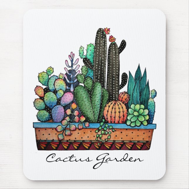 Tapis De Souris Cute Watercolor Cactus Garden (Devant)