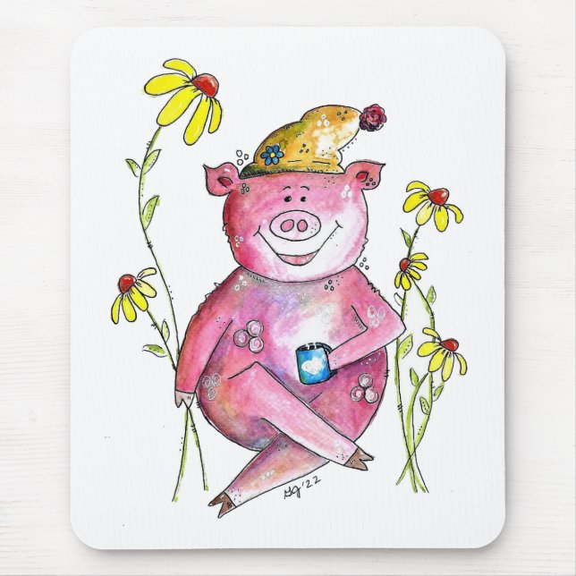 Tapis De Souris Cute Whimsical Cochon Boire Café (Devant)