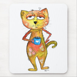 Tapis De Souris Cute Whimsical Fatigué Chat Boire Café
