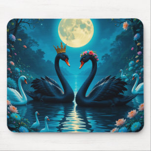 Tapis De Souris Cygnes noirs élégants sous pleine lune