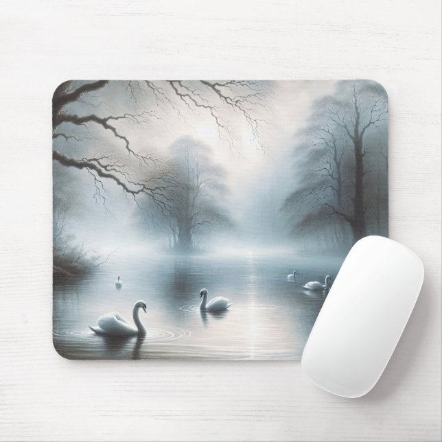 Tapis De Souris Cygnes Sur Le Lac Misty (Avec souris)