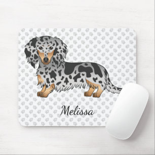 Tapis De Souris Dachshund à poil long noir et tan panaché & Nom