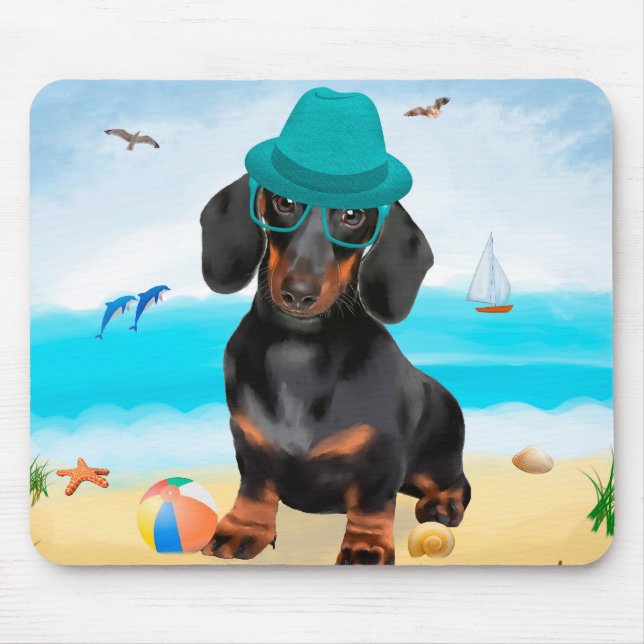 Tapis De Souris Dachshund Dog sur la plage (Devant)