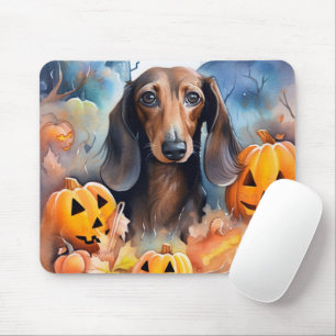 Tapis De Souris Dachshund Halloween avec citrouilles effrayant