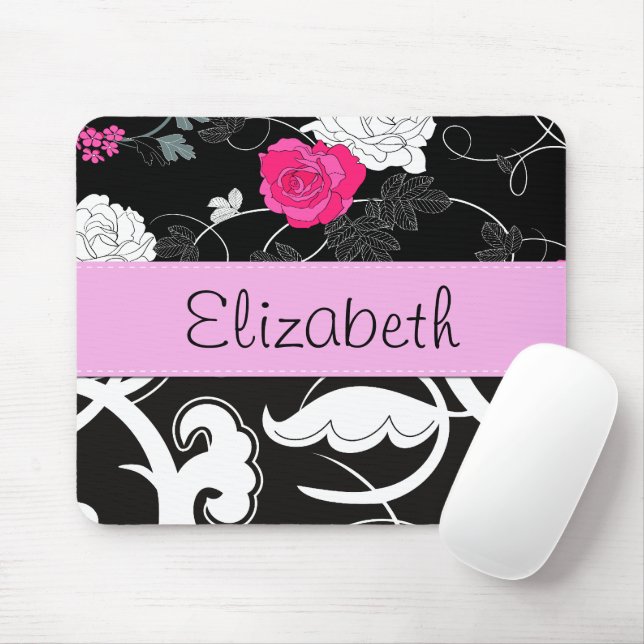 Tapis De Souris Damas, Fleurs, Noir et Blanc, Votre nom (Avec souris)