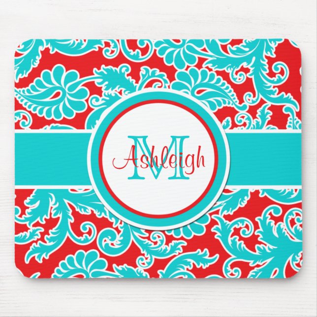 Tapis De Souris Damassé blanche décorée d'un monogramme Mousepad (Devant)
