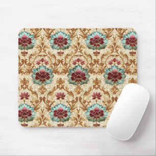 Tapis De Souris Damassé floral vintage en turquoise et burgundy