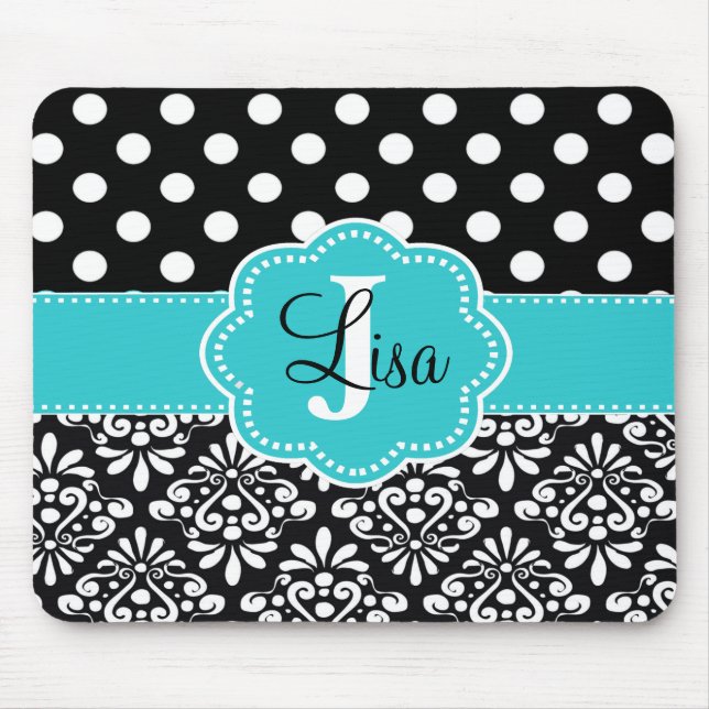 Tapis De Souris Damassé noire de points de Teal personnalisée (Devant)