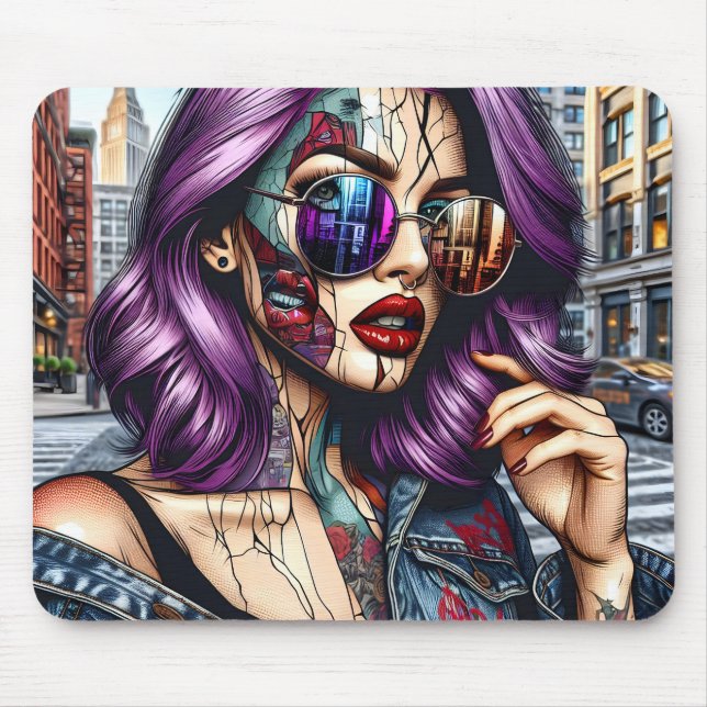 Tapis De Souris Dame Abstraite Colorée et Jolie avec Cheveux Viole (Devant)
