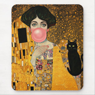 Tapis De Souris Dame au Bubble Gum Rose avec Chat Noir Gustav Klim