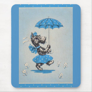 Tapis De Souris Dame de chien écossaise portant un parapluie