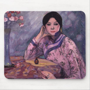 Tapis De Souris Dame japonaise avec une bouteille de parfum