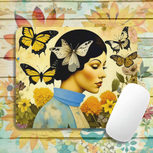 Tapis De Souris Dame Vintage, Papillons, Fleurs et Inspirante