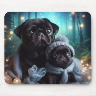 Tapis de souris de chiots Pug par une nuit d'hiver