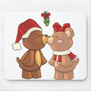 Tapis De Souris De mignons nounours de Noël s'embrassant sous le 