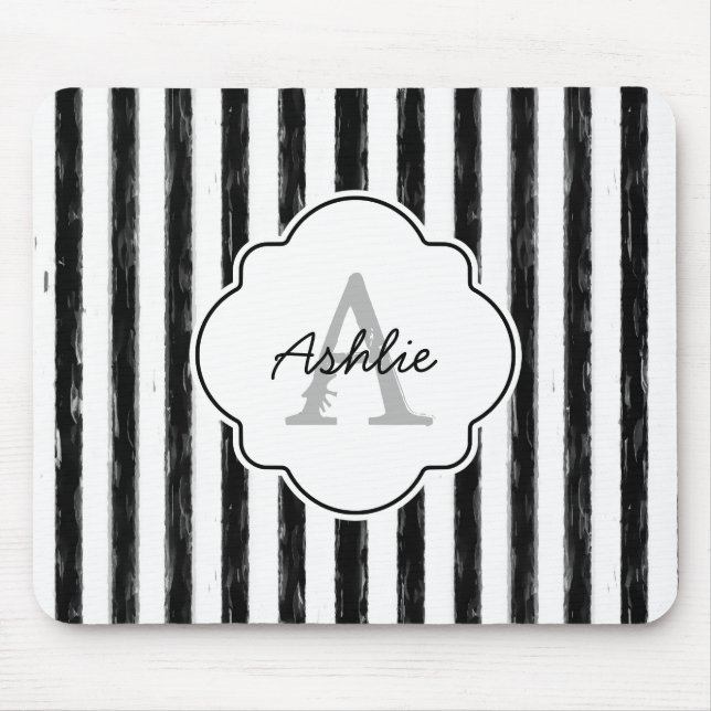 Tapis De Souris Décontracté Black Peint Stripes Monogramme et nom (Devant)