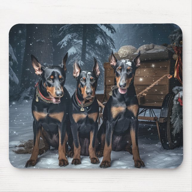 Tapis De Souris Décor de Noël Doberman Snowy Sleigh (Devant)