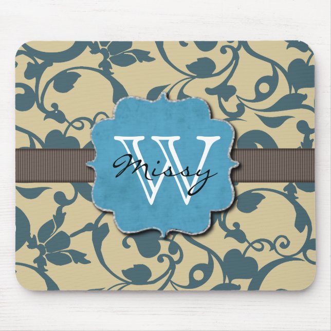 Tapis De Souris Décoré d'un monogramme patiné bleu (Devant)