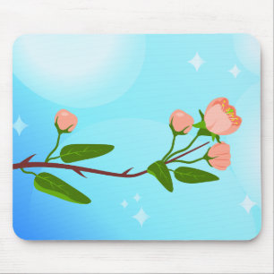 Tapis De Souris Dégradé du ciel bleu avec branche de ressort fleur