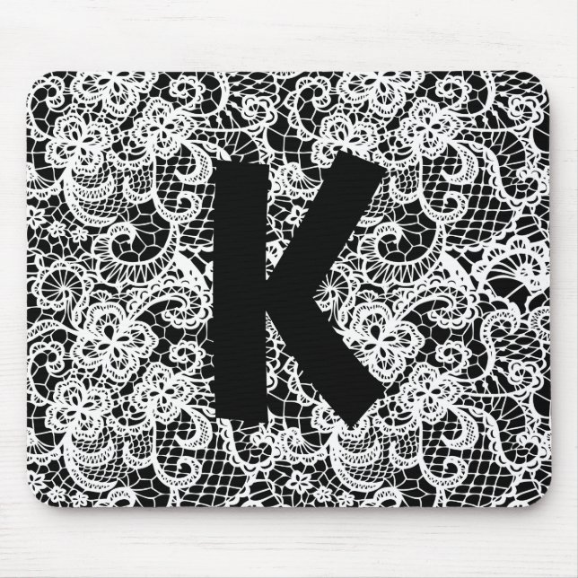 Tapis De Souris Dentelle blanche sur noir avec Monogramme (Devant)