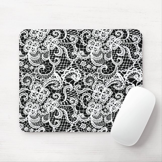Tapis De Souris Dentelle Blanche Sur Panier De Souris Noir (Avec souris)