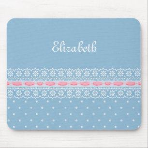 Tapis De Souris Dentelle rose Fille Pois Bleue Avec Nom