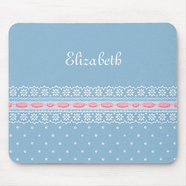 Tapis De Souris Dentelle rose Fille Pois Bleue Avec Nom (Devant)