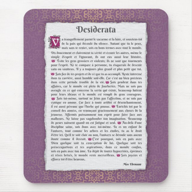 Tapis De Souris Desiderata - Choses désirées - poème (Devant)