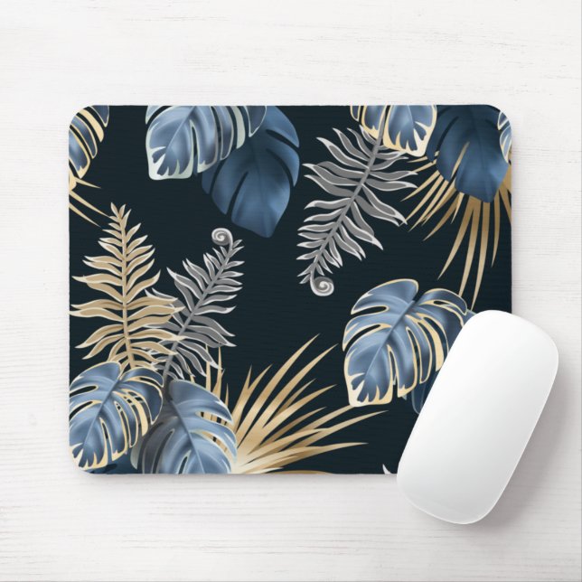 Tapis De Souris Design Feuille Tropical Blue et Gold (Avec souris)