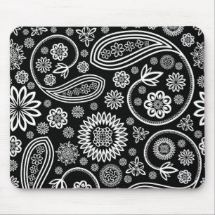 Tapis De Souris Design Floral Rétro Blanc Sur Noir