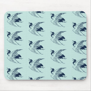 Tapis De Souris Dessin japonais vintage d'une grue, bleu