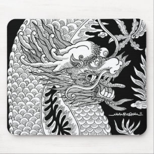 Tapis De Souris Dessin traditionnel chinois Dragon noir et blanc