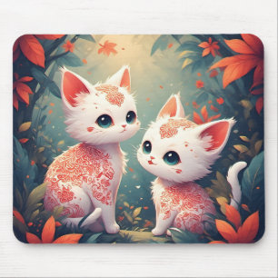 Tapis De Souris Deux chatons blancs dans une forêt magique