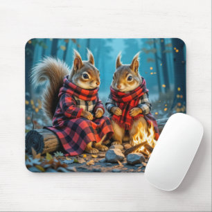 Tapis De Souris Deux écureuils profitent d'un feu de camp d'automn