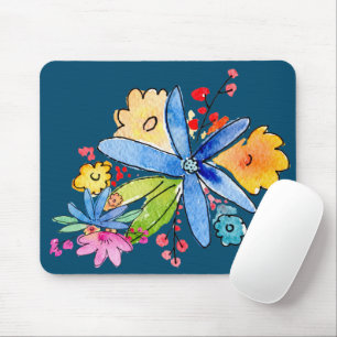 Tapis De Souris Doodle Flowers Sur Bleu